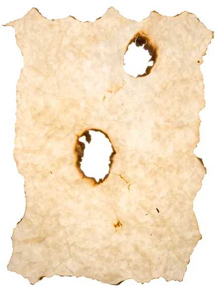 Buchi di carta pergamena beige bruciati isolati — Foto Stock