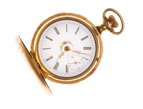 Antiguo reloj de bolsillo de latón de moda aislado blanco —  Fotos de Stock