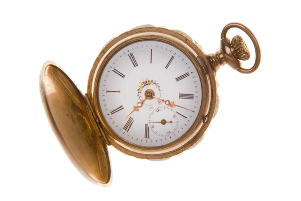 Antiguo reloj de bolsillo de latón de moda aislado blanco — Foto de Stock