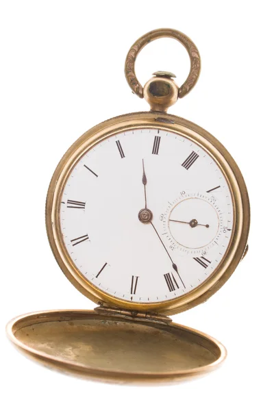 Antiguo reloj de bolsillo de latón de moda aislado blanco — Foto de Stock