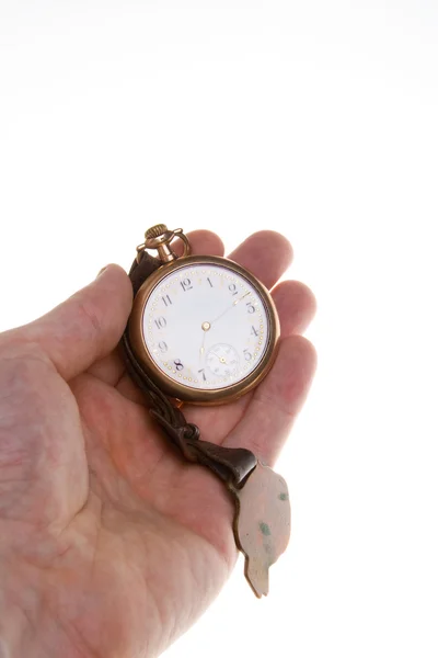 Hand Old Brass Pocket Watch Isolated Background — Stock Photo, Image