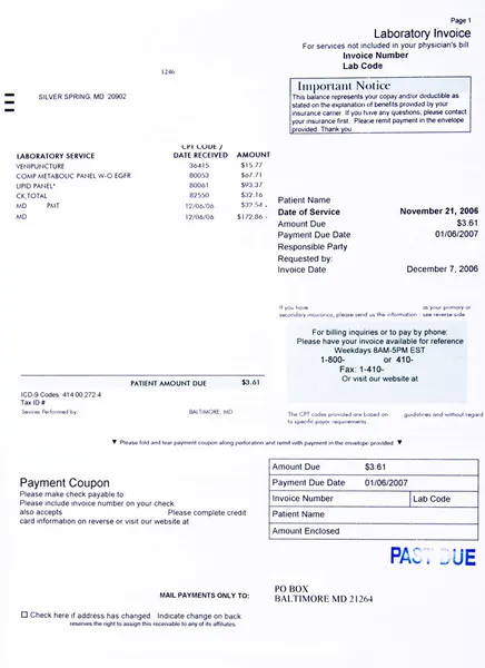 stock image Past Due American Medical Bill for Lab Work ICD 9