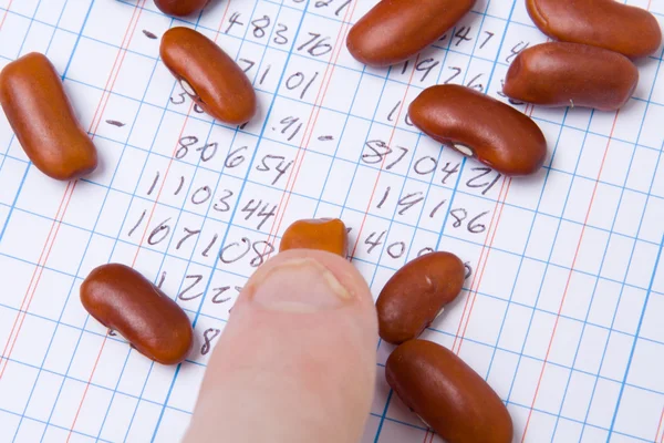 Finger Tip Kidney Beans on Ledger Book Accounting — Stock Photo, Image