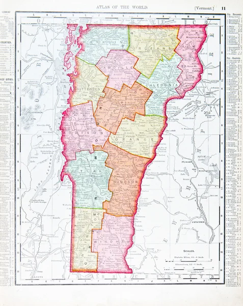 古董复古彩色地图的佛蒙特州，美国 — 图库照片