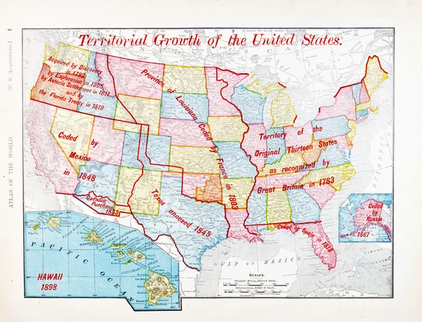Mapa de cores antigo do crescimento da expansão dos Estados Unidos — Fotografia de Stock
