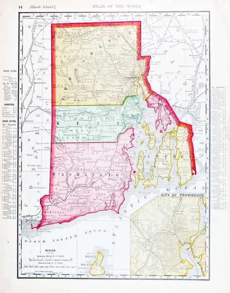 Antike farbige Karte von Rhode Island, Vereinigte Staaten — Stockfoto