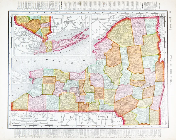 Mapa de cores antigo do vintage do estado de Nova York, EUA — Fotografia de Stock