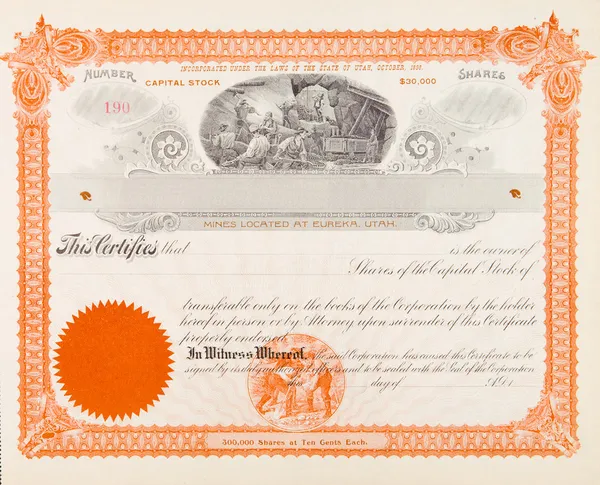 U.S. Stock Certificate Mining Company 1898 Mineiros — Fotografia de Stock