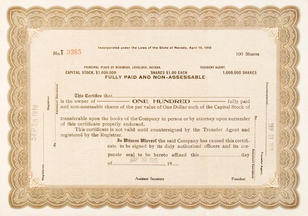 Stock Certificate Lovelock, Nevada 1918 100 Shares — Stock Photo, Image