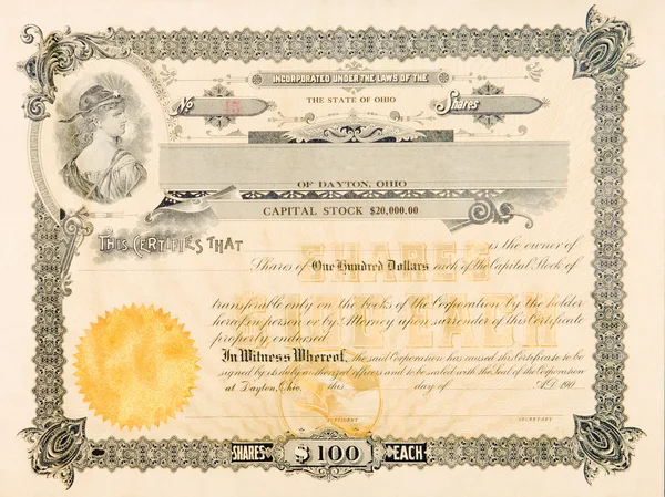 Старий фондовий сертифікат Огайо США жінка зірка віньєтка — стокове фото