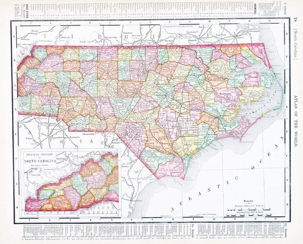 Mapa antigo Carolina do Norte, NC, Estados Unidos, EUA — Fotografia de Stock