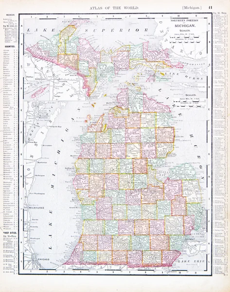 Antika karta över michigan, mi, USA, usa — Stockfoto