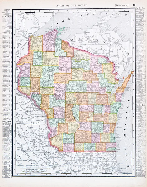 Antique Vintage Color Map of Wisconsin, USA — Stock Photo, Image