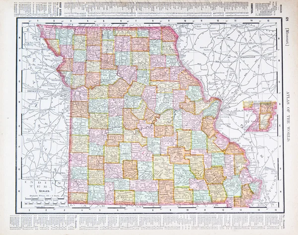 Kolor antyczny mapa missouri, mo, Stany Zjednoczone, Stany Zjednoczone Ameryki — Zdjęcie stockowe