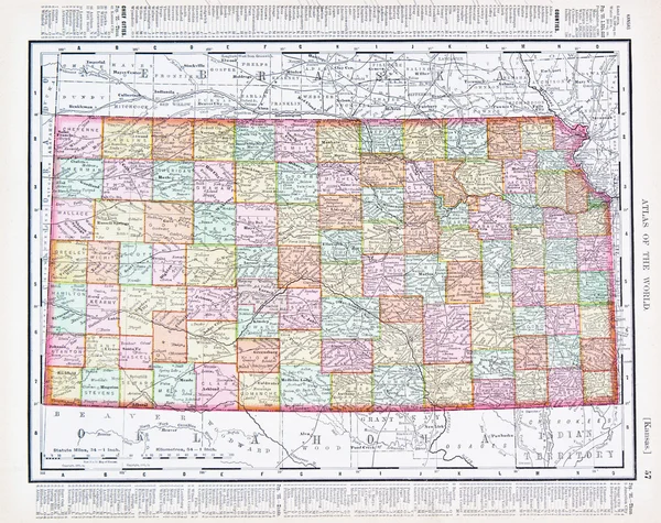 Mappa antica di colore Vintage del Kansas, Stati Uniti d'America — Foto Stock