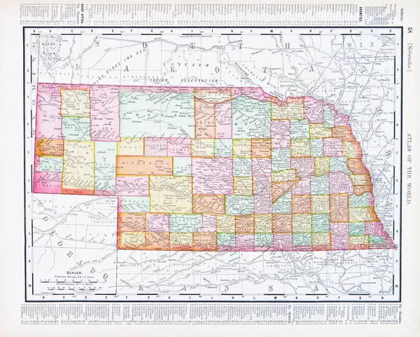 Starožitný vintage barevná mapa nebraska, nb usa — Stock fotografie
