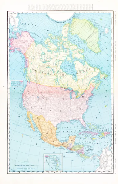 Antique Color Map North America Canada Mexico, USA - Stock Image ...