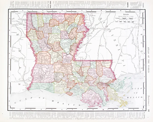 Starožitný barevná mapa louisiana, Spojené státy, usa — Stock fotografie
