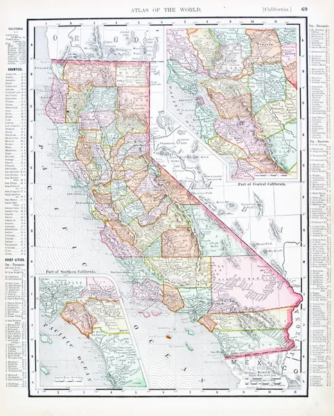 Χρώμα αντίκες χάρτη της Καλιφόρνιας, ΗΠΑ Ηνωμένες Πολιτείες — Φωτογραφία Αρχείου