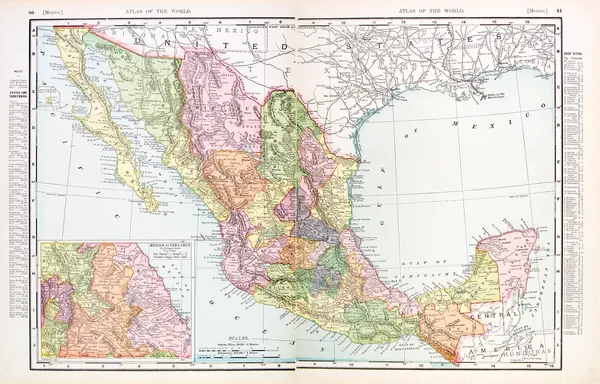 Antieke vintage kleur Engelse kaart van mexico — Stockfoto
