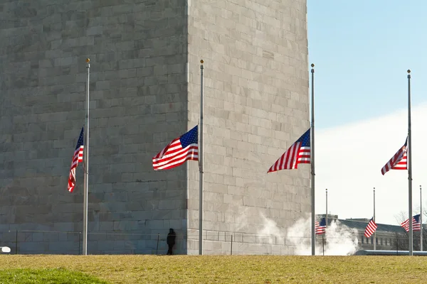 华盛顿纪念碑周围有国旗下半旗 — 图库照片