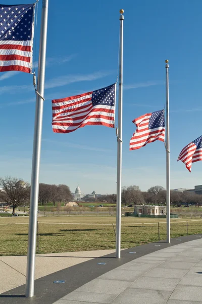 Wiersz amerykańskiej flagi pływające połowy masztu washington dc — Zdjęcie stockowe