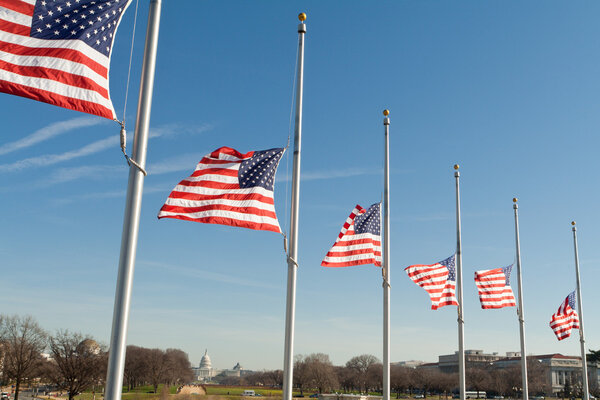 Сорвите американские флаги наполовину над Вашингтоном
