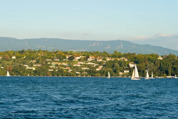 stock image Lake Geneva Switzerland Lakeside Sailboats and Homes