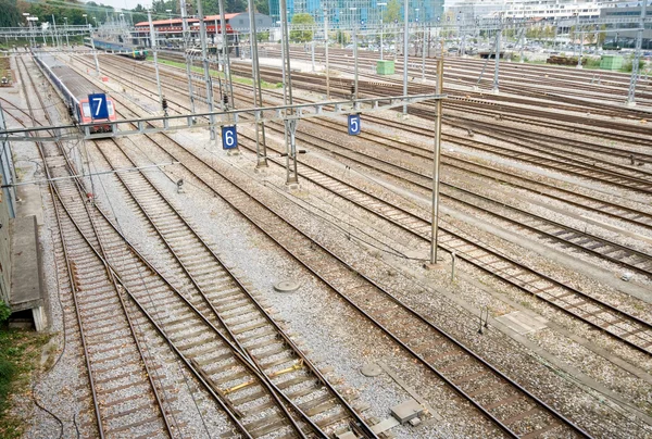 Train Yard and Tracks Geneva Switzerland Wide Angle Lens — Stock Photo, Image