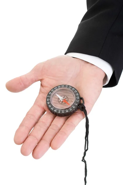 Man's Hand pak mouw houden kompas geïsoleerd op witte Backgro — Stockfoto