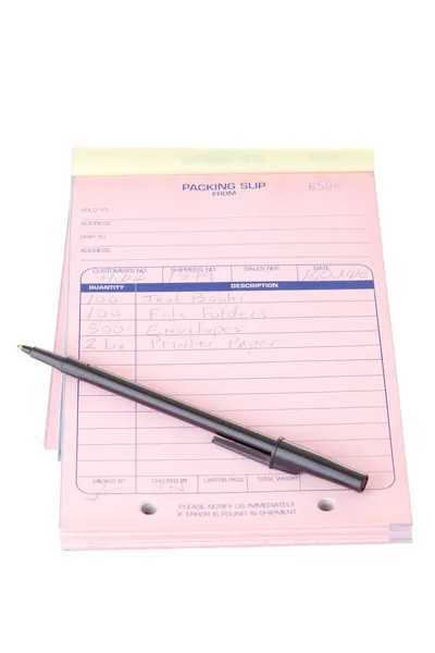 Imballaggio rosa Slip List Pad penna isolato bianco — Foto Stock