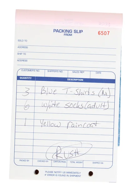 Packing Slip Invoice Pad Clothing List Isolated — Stock Photo, Image