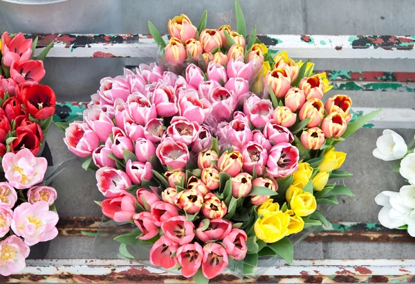 Bukiet kwiatów tulipany w starych metalowych flourist wyświetlania — Zdjęcie stockowe