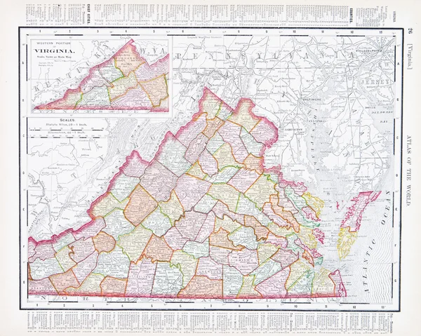 Starožitné barevná mapa Virginie, va, Spojené státy, usa Stock Snímky
