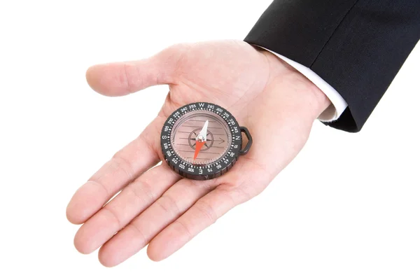 Man's Hand Holding Compass Isolated on White Background Stock Photo