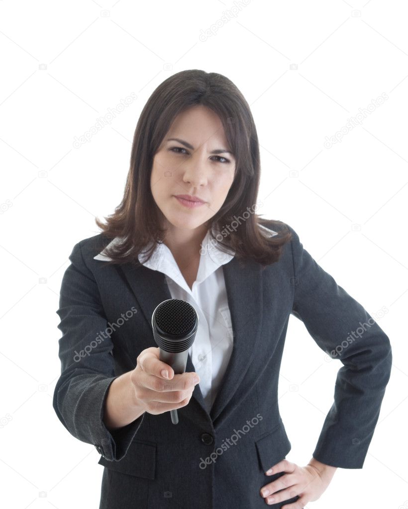 Skeptical Woman Holding Microphone Isolated White
