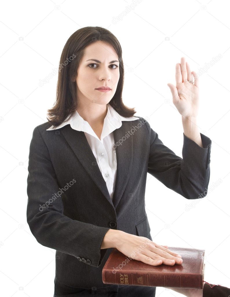 Caucasian Woman Swearing on a Bible Isolated White Background