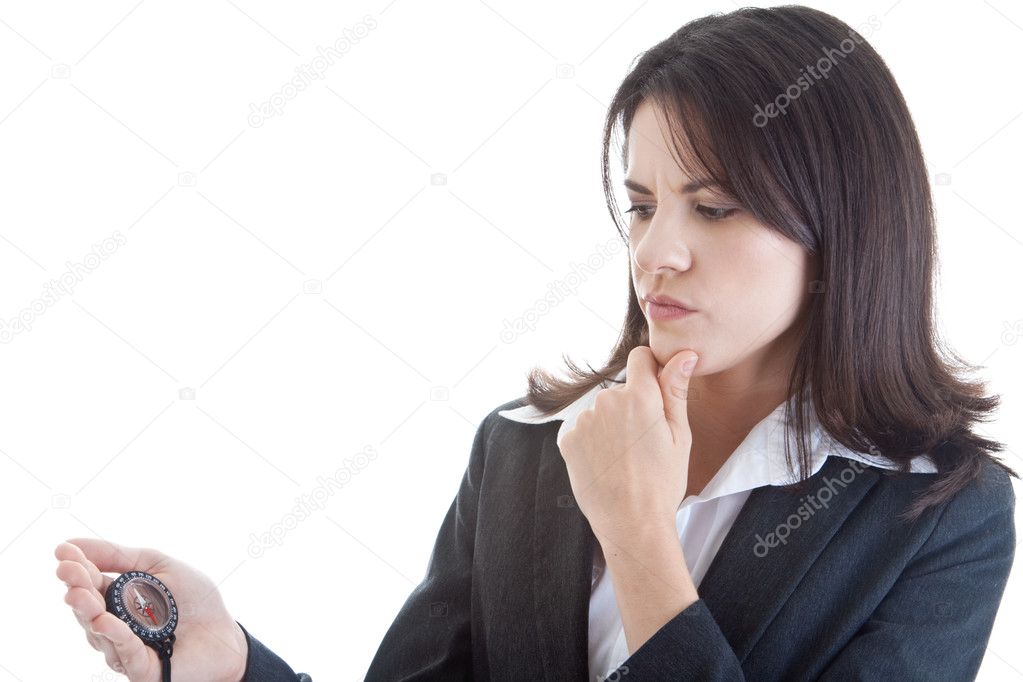 Caucasian Woman Looking at Compass Thinking Hand on Chin, Isolat