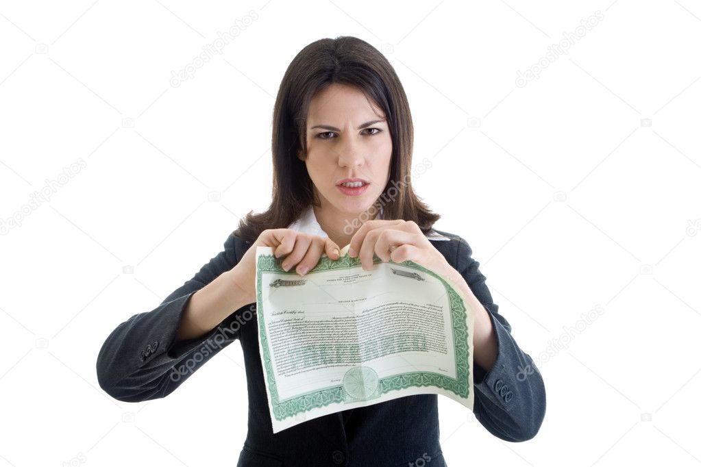 Angry Caucasian Woman Ripping Stock Certificate Isolate White Ba