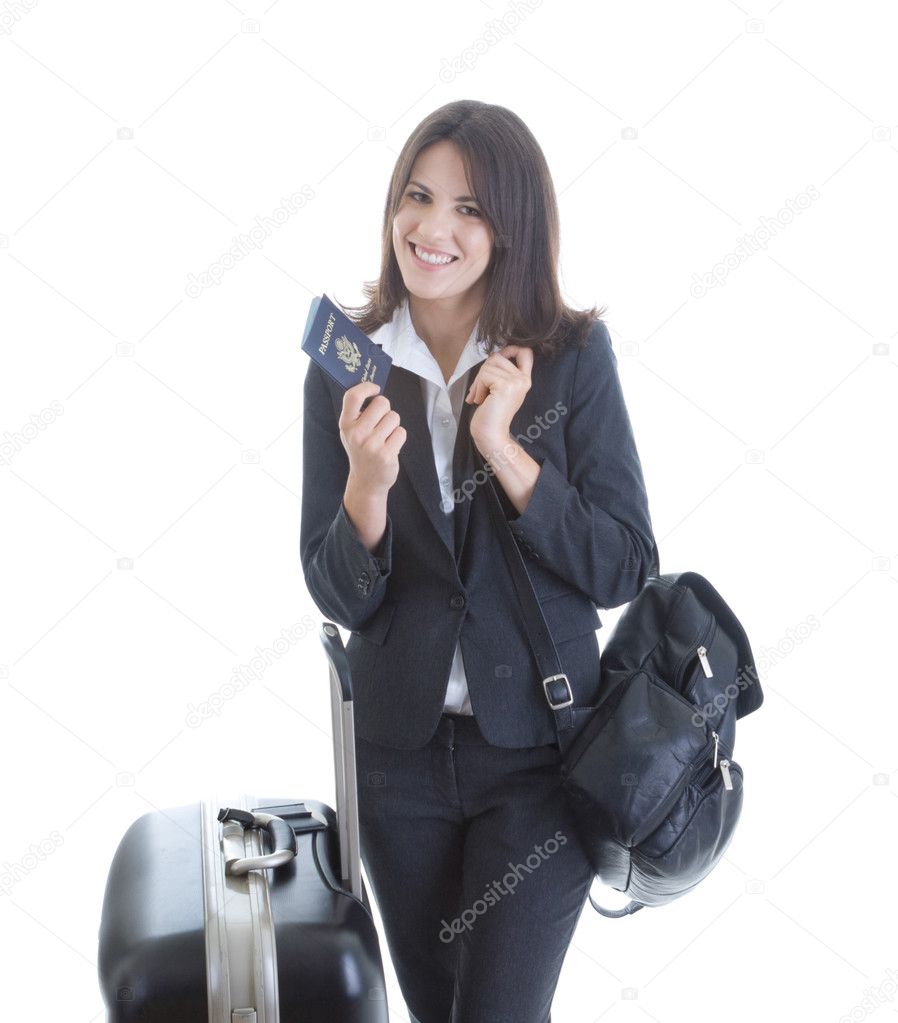 Smiling Caucasian Woman with Passport and Suitcase Isolated Whit
