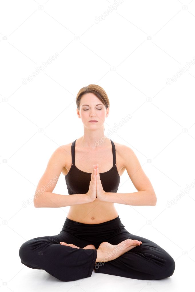 Tranquil Woman Sitting Yoga Meditating, Isolated