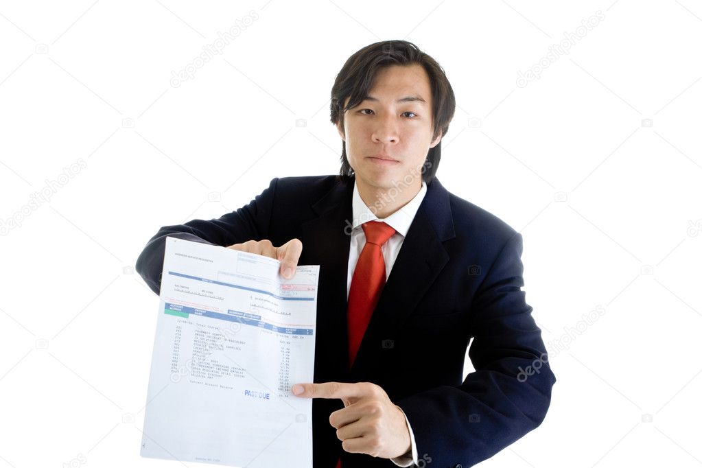 Serious Asian Businessman Pointing to Past Due Medical Bill Isol