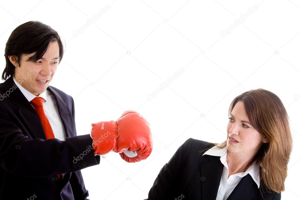 Asian Man Punching at Ducking White Woman Isolated Background