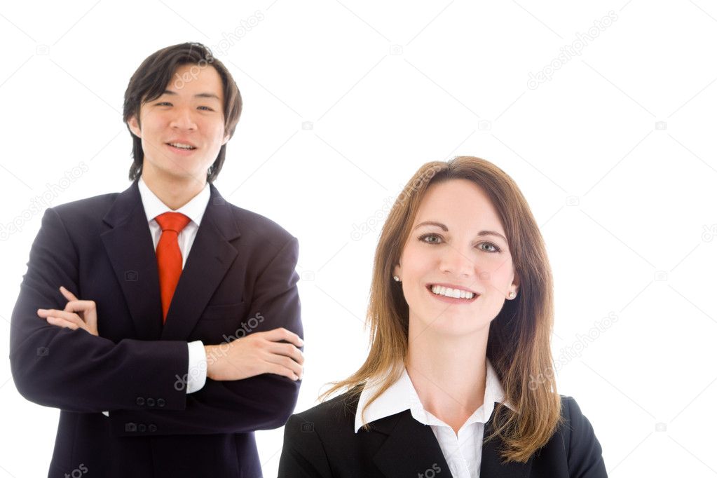Smiling Caucasian Business Woman, Asian Businessman Team, White