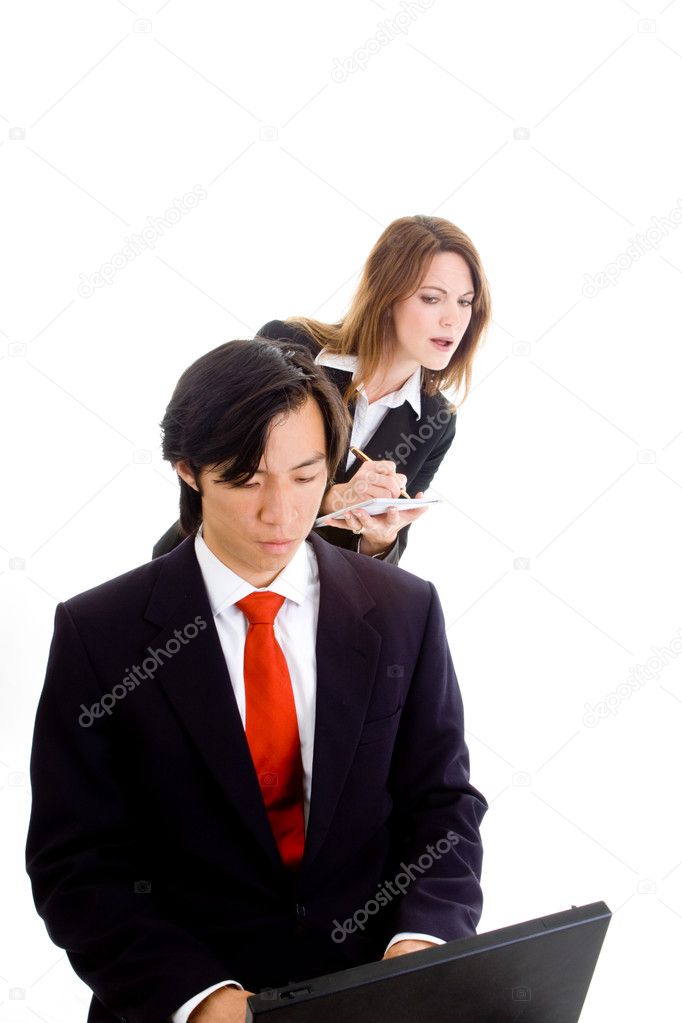 Caucasian Woman Copying Stealing Information From Asian Man Work
