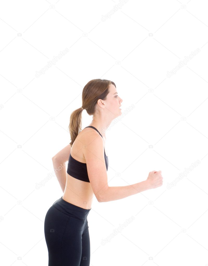 Slender Caucasian Woman Running on White Background