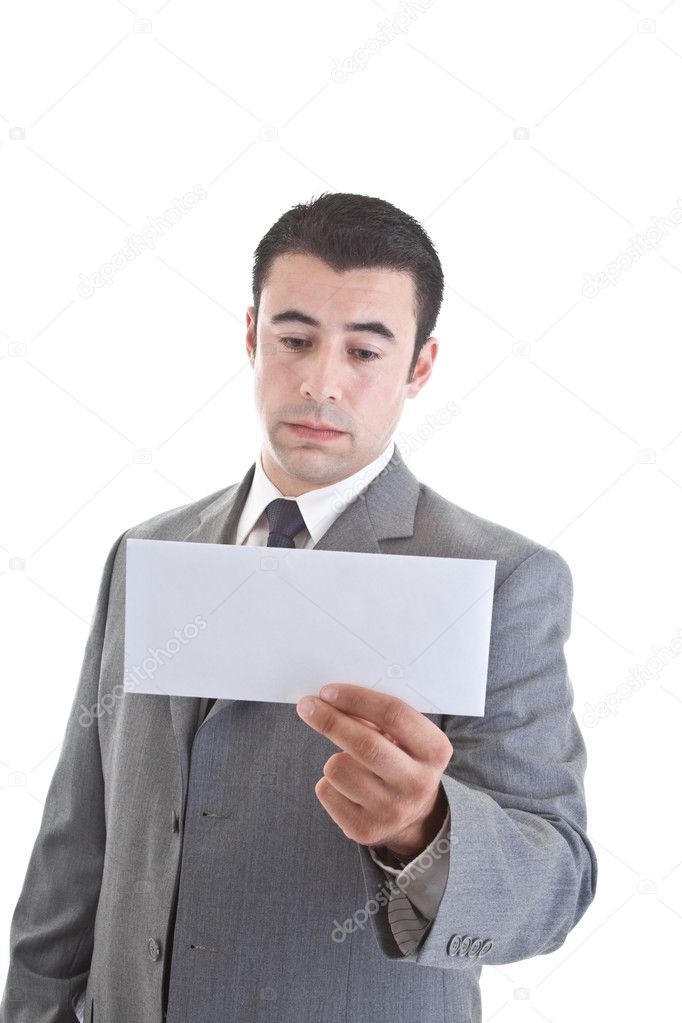 Sad Caucasian Hispanic Man Looking at Blank Envelope White Backg