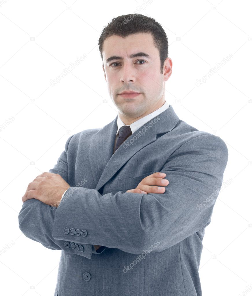Serious Caucasian Hispanic Man Arms Crossed Isolated White Backg