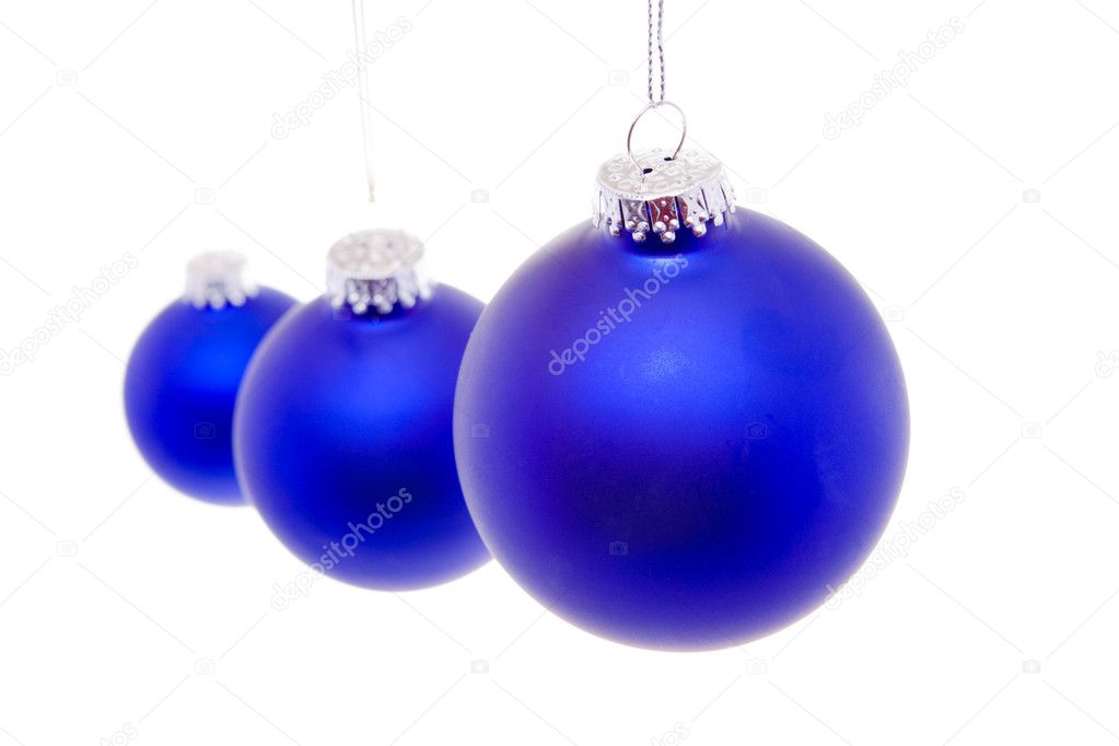 Row Close Up Blue Christmas Balls Hanging Isolated