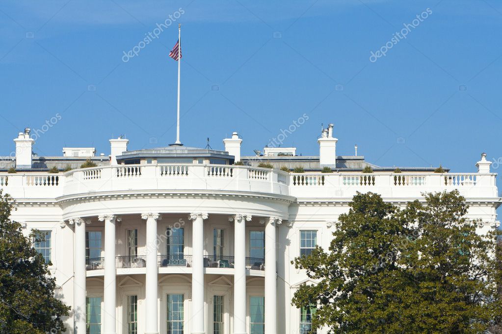 South Side of White House, American Flag, Blue Sky